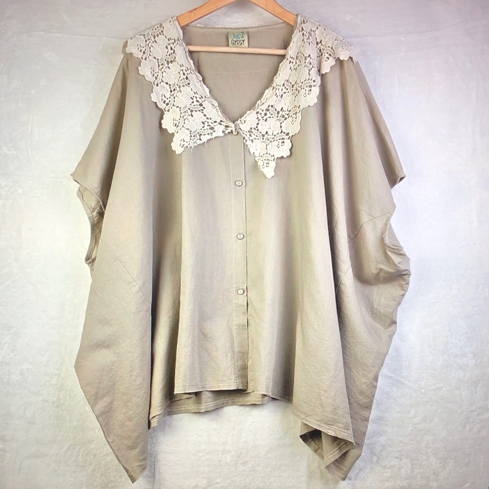 Jaded Gypsy Taupe Button-Front Blouse with Cream Crochet Collar